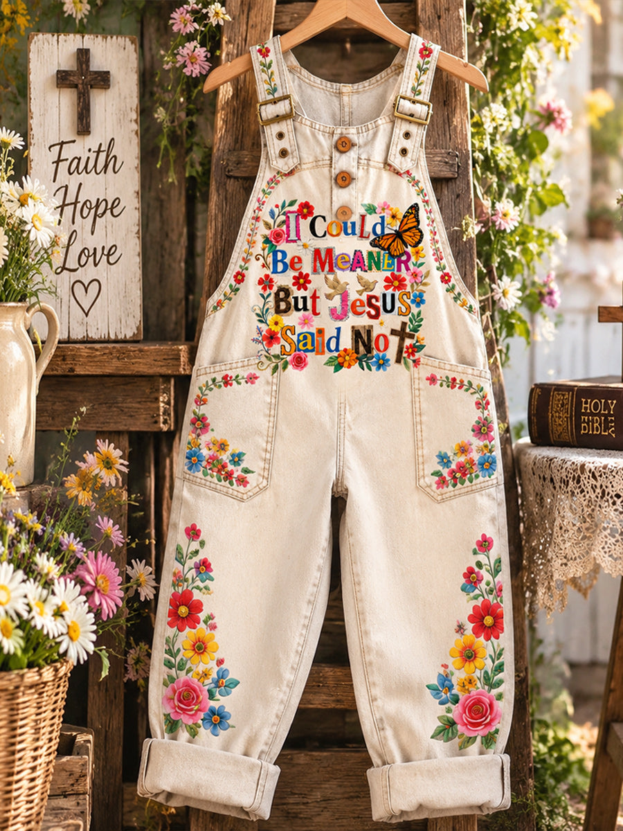 Women's Retro Style Art Print Washed Cotton Denim Patchwork Jumpsuit